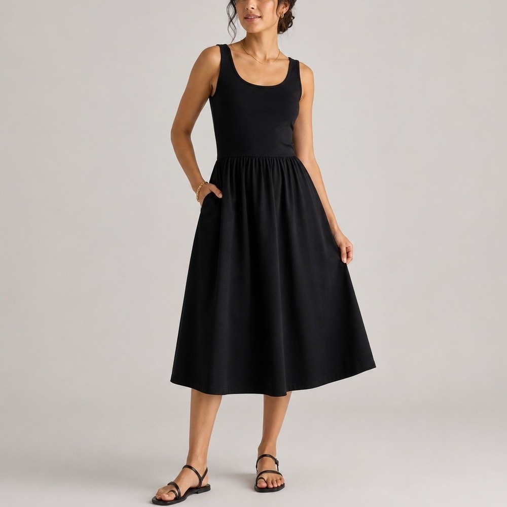 Quince Cotton Mixed Media Tank Dress Midi Poplin Scoop Neck Black Date Small NWT